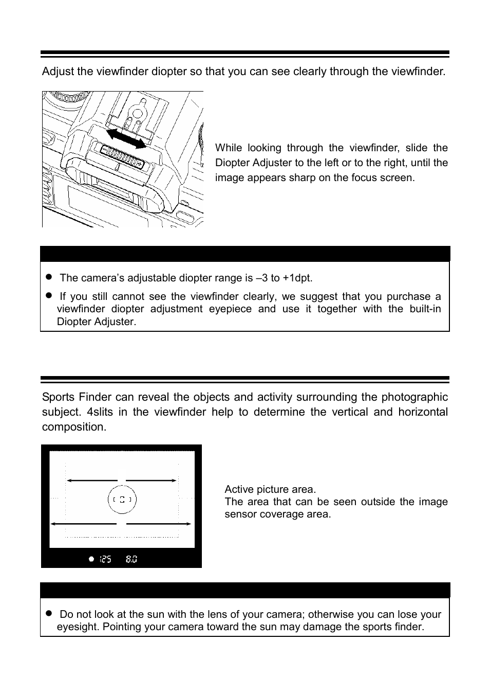 Diopter adjustment, Sports finder | SIGMA SD9 User Manual | Page 35 / 116