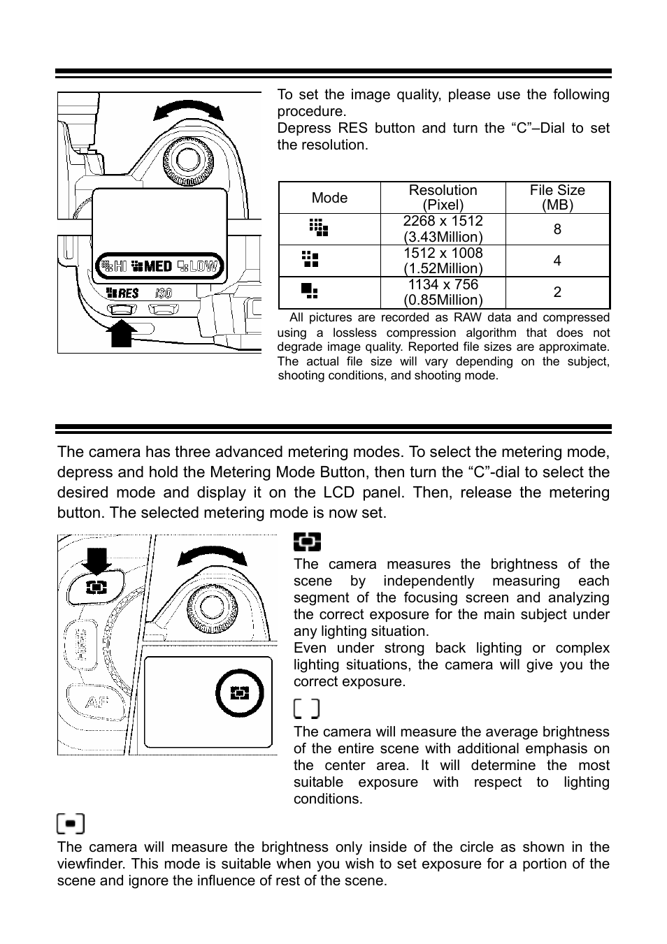 Setting the resolution, Selecting the metering mode, 8 segment metering | Average metering, Center area metering | SIGMA SD9 User Manual | Page 54 / 116