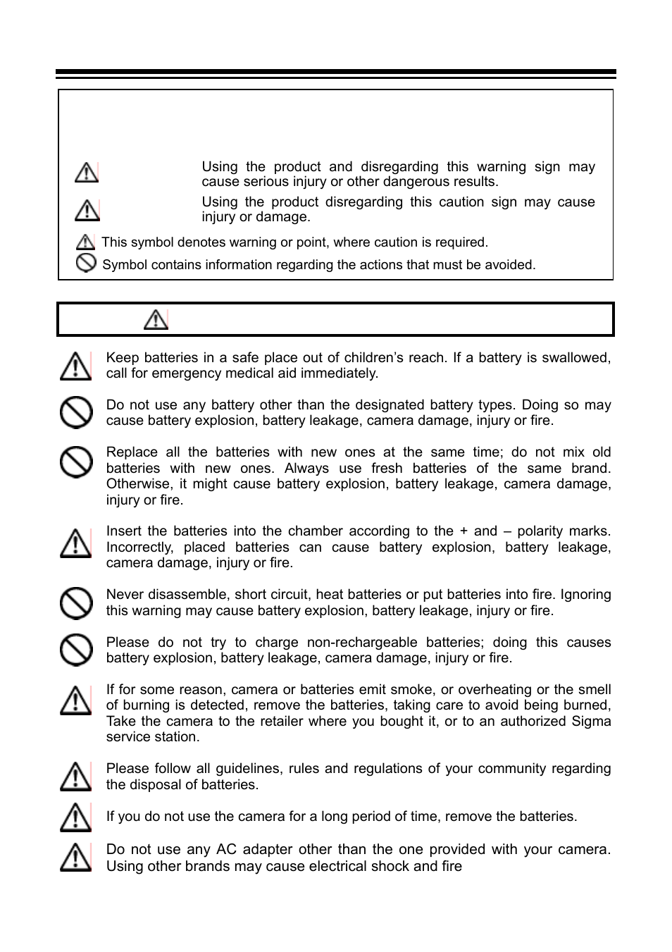 Safety precautions, Warning, Caution | Warning (battery and ac adapter) | SIGMA SD9 User Manual | Page 6 / 116