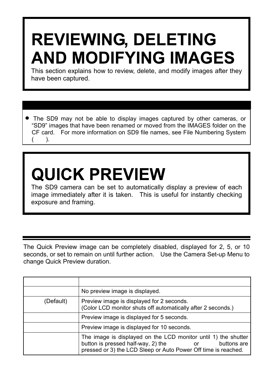 Reviewing, deleting and modifying images, Quick preview, Changing the quick preview duration | SIGMA SD9 User Manual | Page 64 / 116