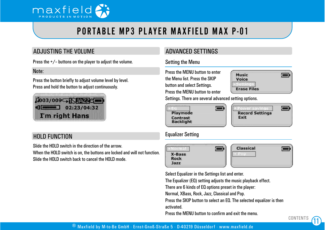 Adjusting the volume, Hold function, Advanced settings | Setting the menu, Equalizer setting, Portable mp3 player maxfield max p-01 | SIGMA MAX P-01 User Manual | Page 11 / 21