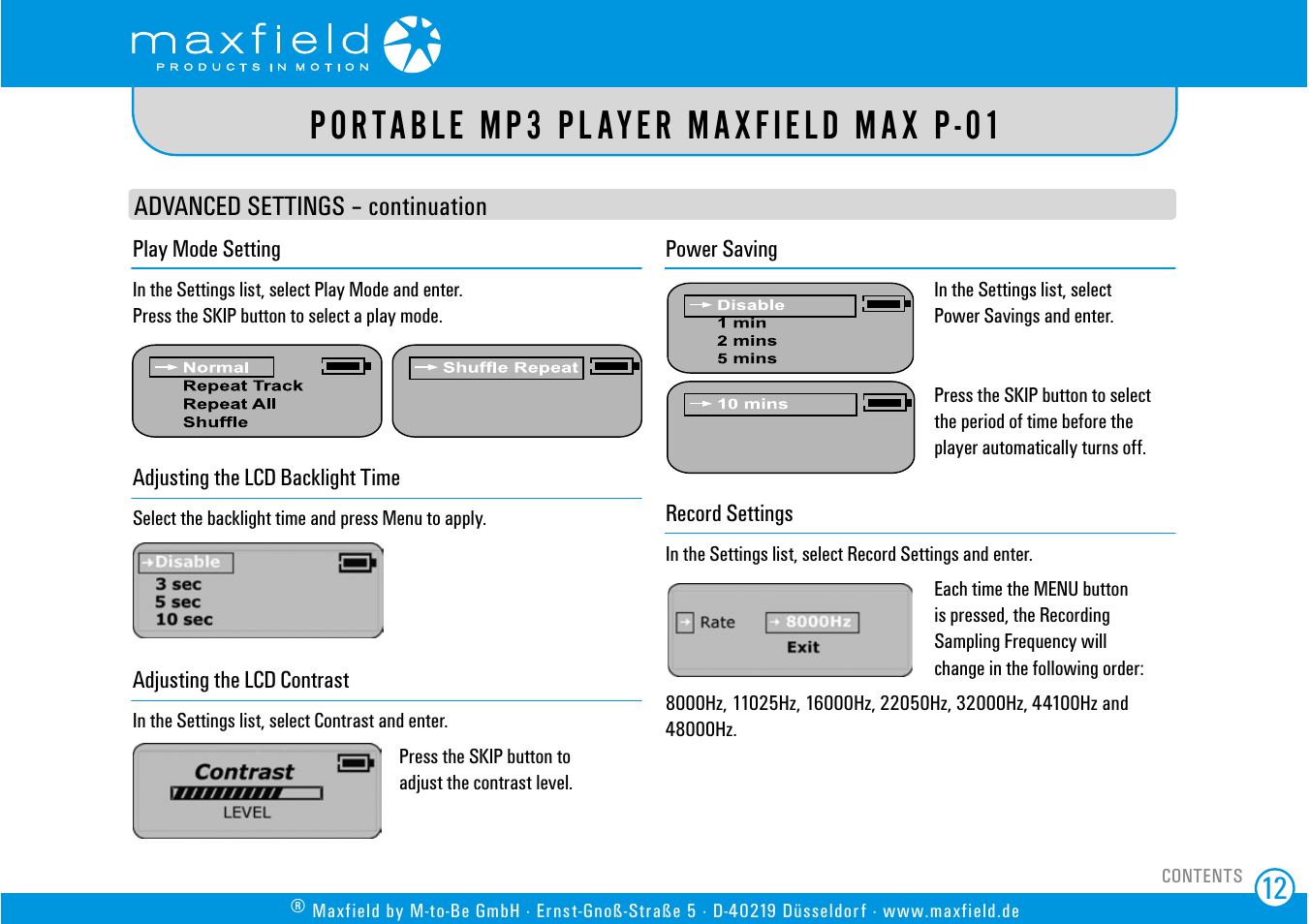 Play mode setting, Adjusting the lcd backlight time, Adjusting the lcd contrast | Power savings, Record settings, Portable mp3 player maxfield max p-01 | SIGMA MAX P-01 User Manual | Page 12 / 21
