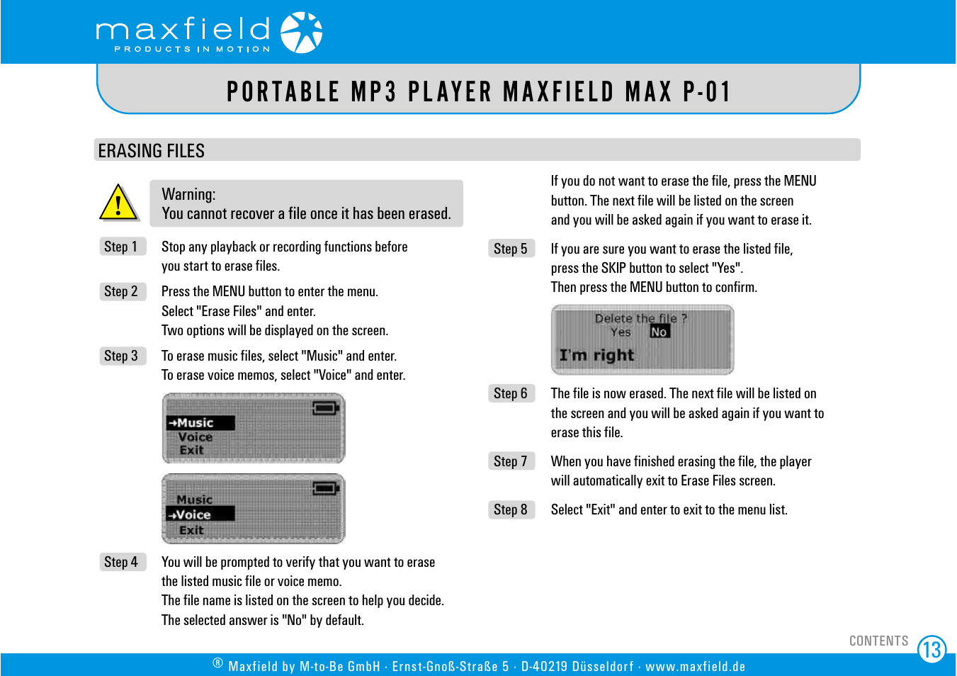 Erasing files, Portable mp3 player maxfield max p-01 | SIGMA MAX P-01 User Manual | Page 13 / 21