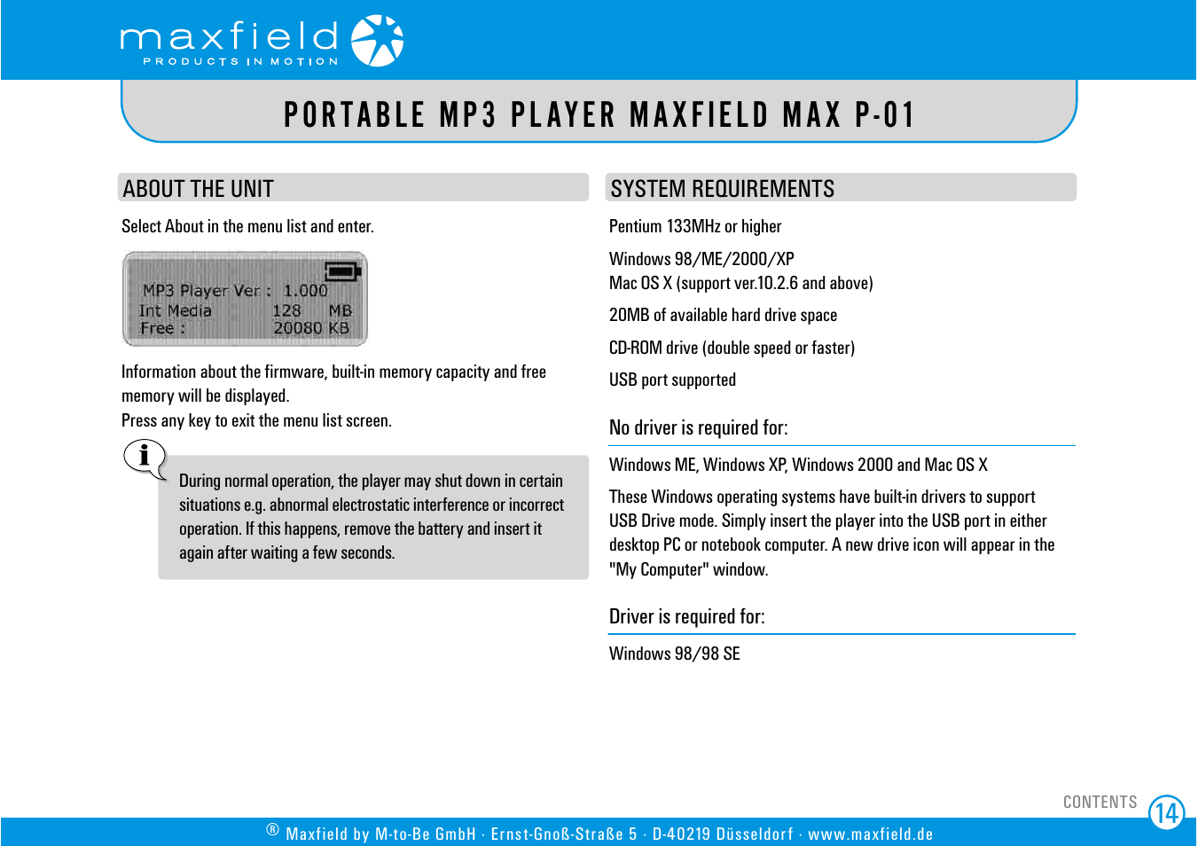 About the unit, System requirements, Portable mp3 player maxfield max p-01 | SIGMA MAX P-01 User Manual | Page 14 / 21