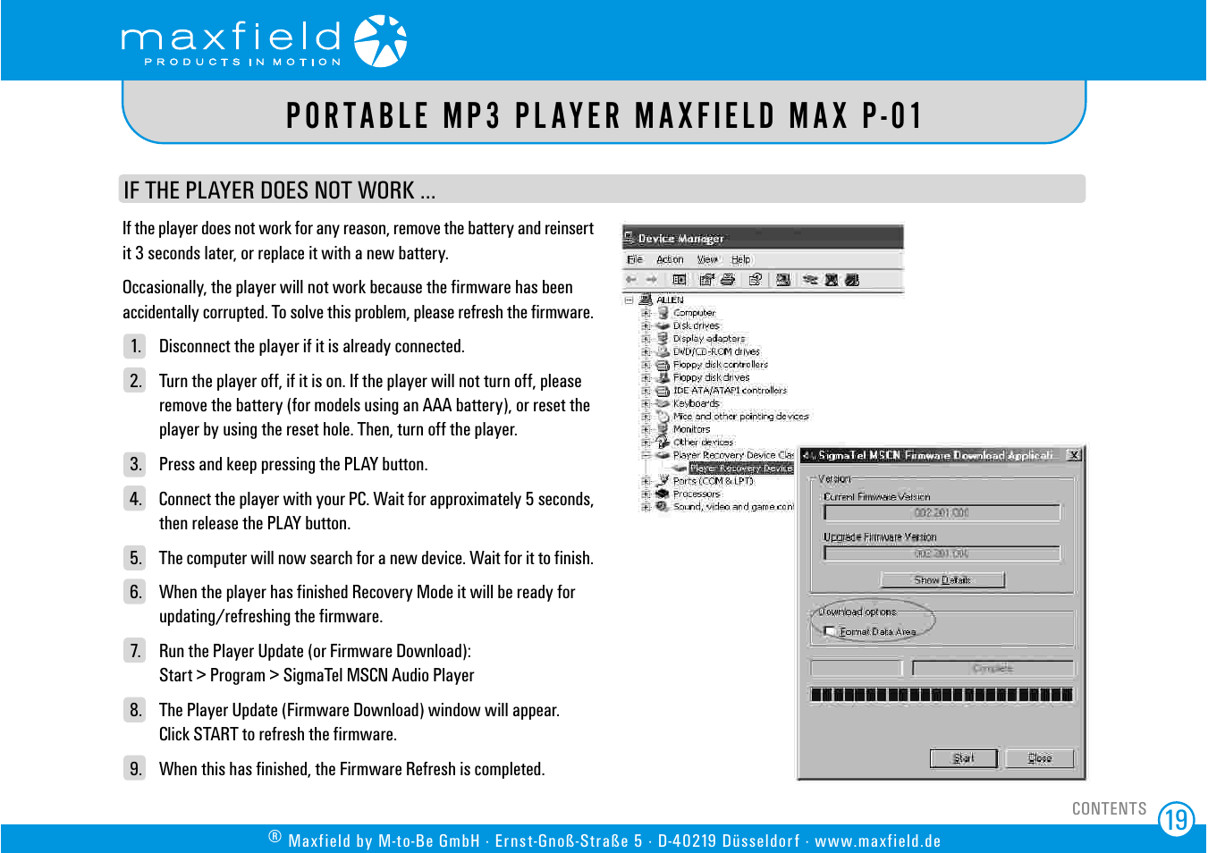 If the player does not work, Portable mp3 player maxfield max p-01 | SIGMA MAX P-01 User Manual | Page 19 / 21