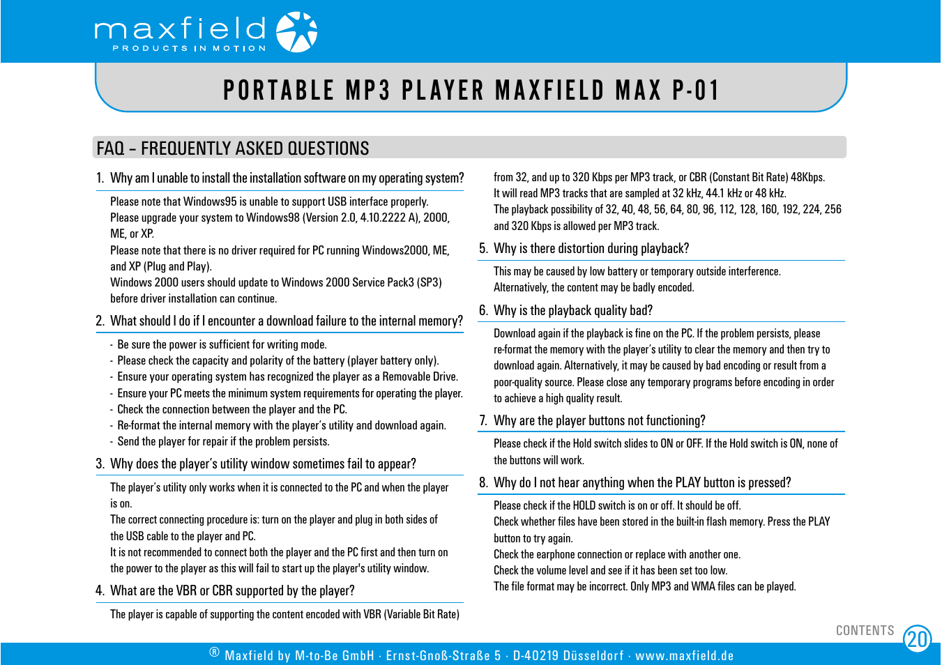 Faq – frequently asked questions, Portable mp3 player maxfield max p-01 | SIGMA MAX P-01 User Manual | Page 20 / 21
