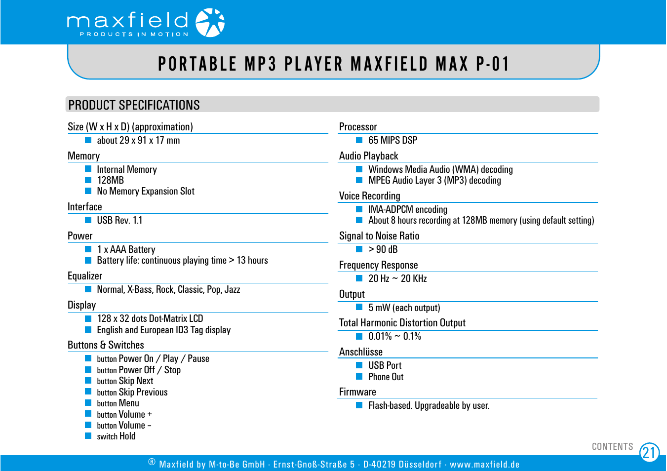 Product specifications, Portable mp3 player maxfield max p-01 | SIGMA MAX P-01 User Manual | Page 21 / 21
