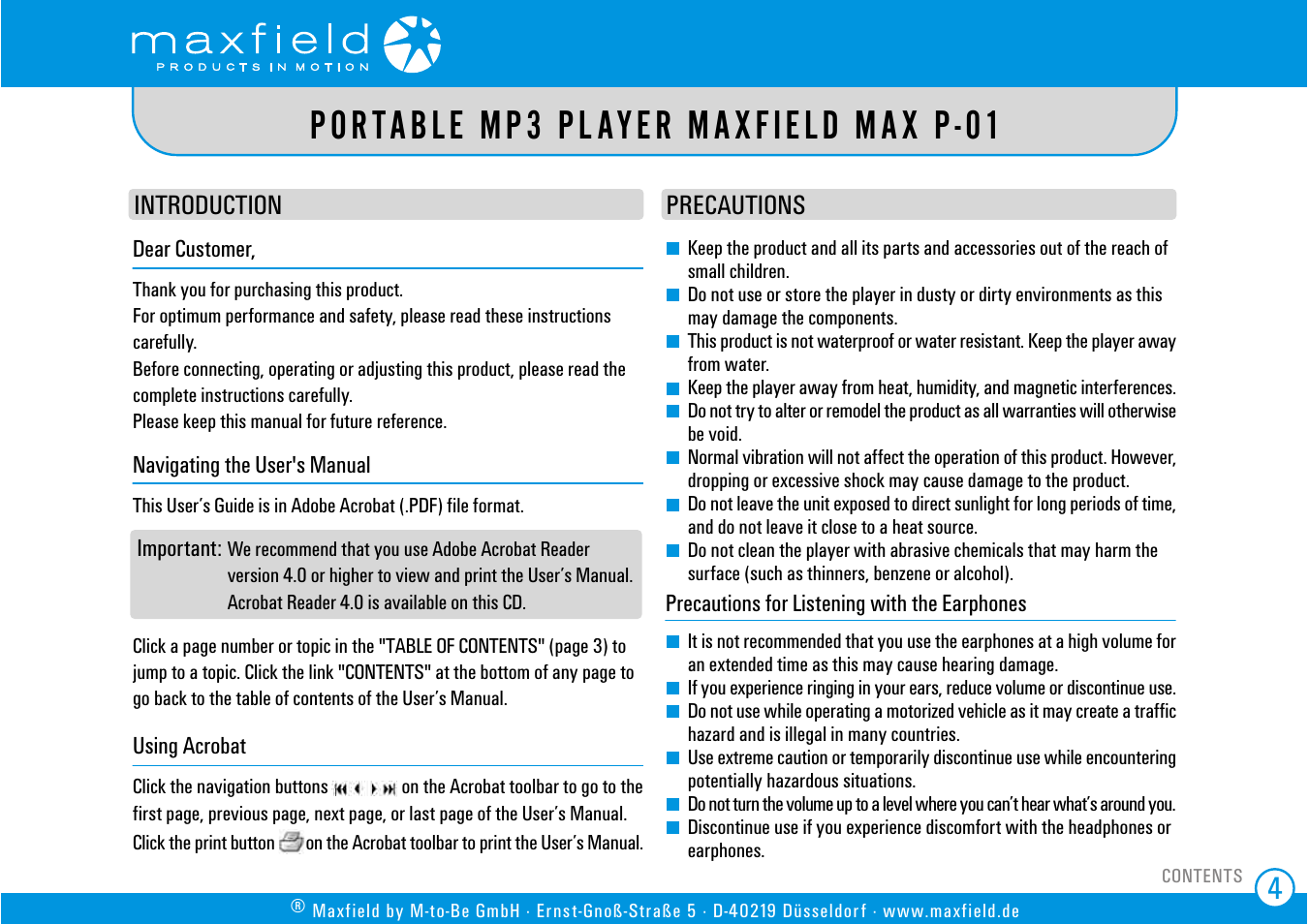 Introduction, Precautions, Portable mp3 player maxfield max p-01 | Introduction precautions | SIGMA MAX P-01 User Manual | Page 4 / 21