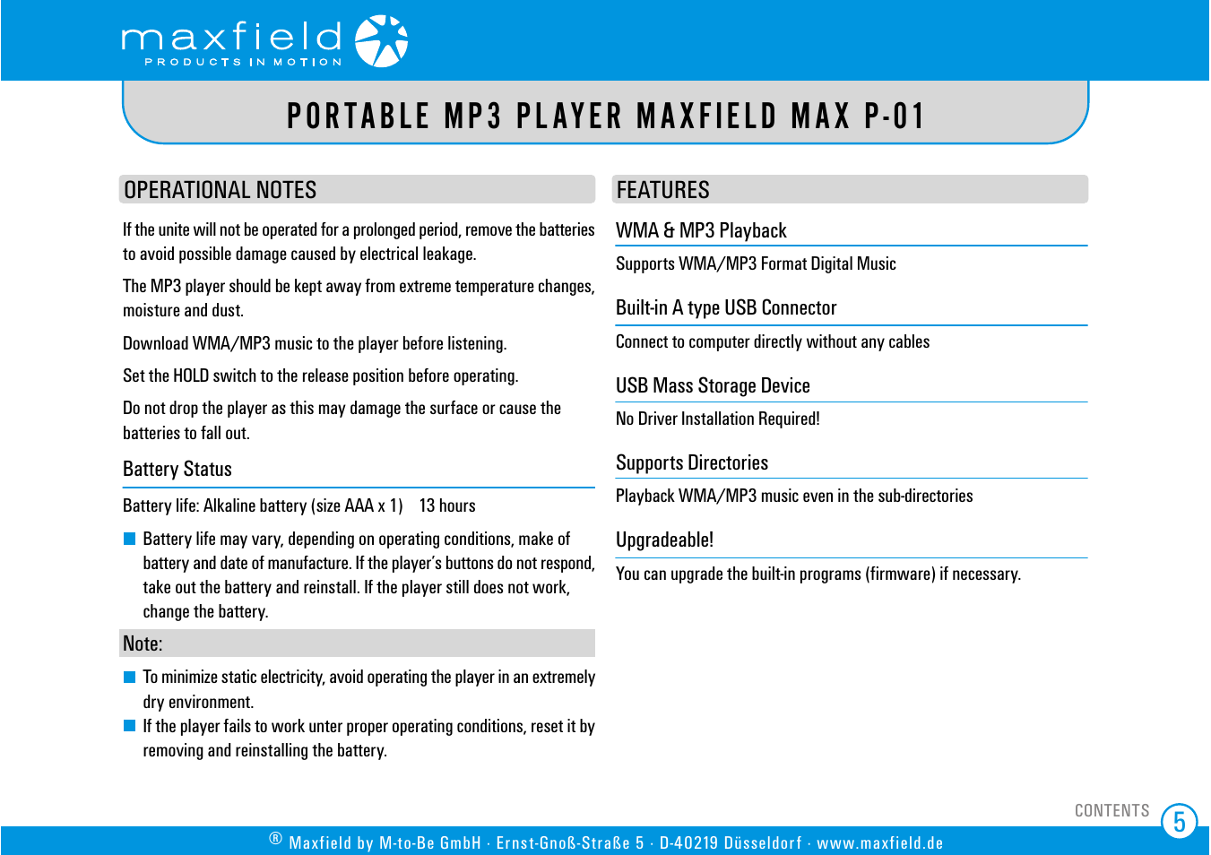 Operational notice, Features, Portable mp3 player maxfield max p-01 | SIGMA MAX P-01 User Manual | Page 5 / 21