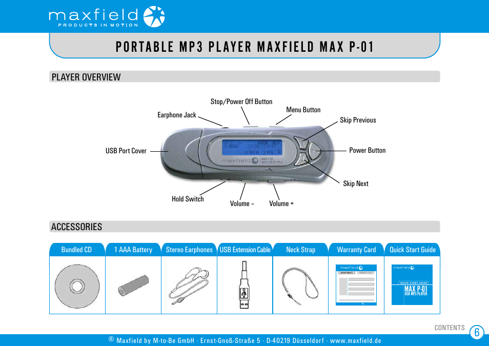Player overview and accessories, Por table mp3 pl ayer maxfield max p -01, Player overview | Accessories | SIGMA MAX P-01 User Manual | Page 6 / 21