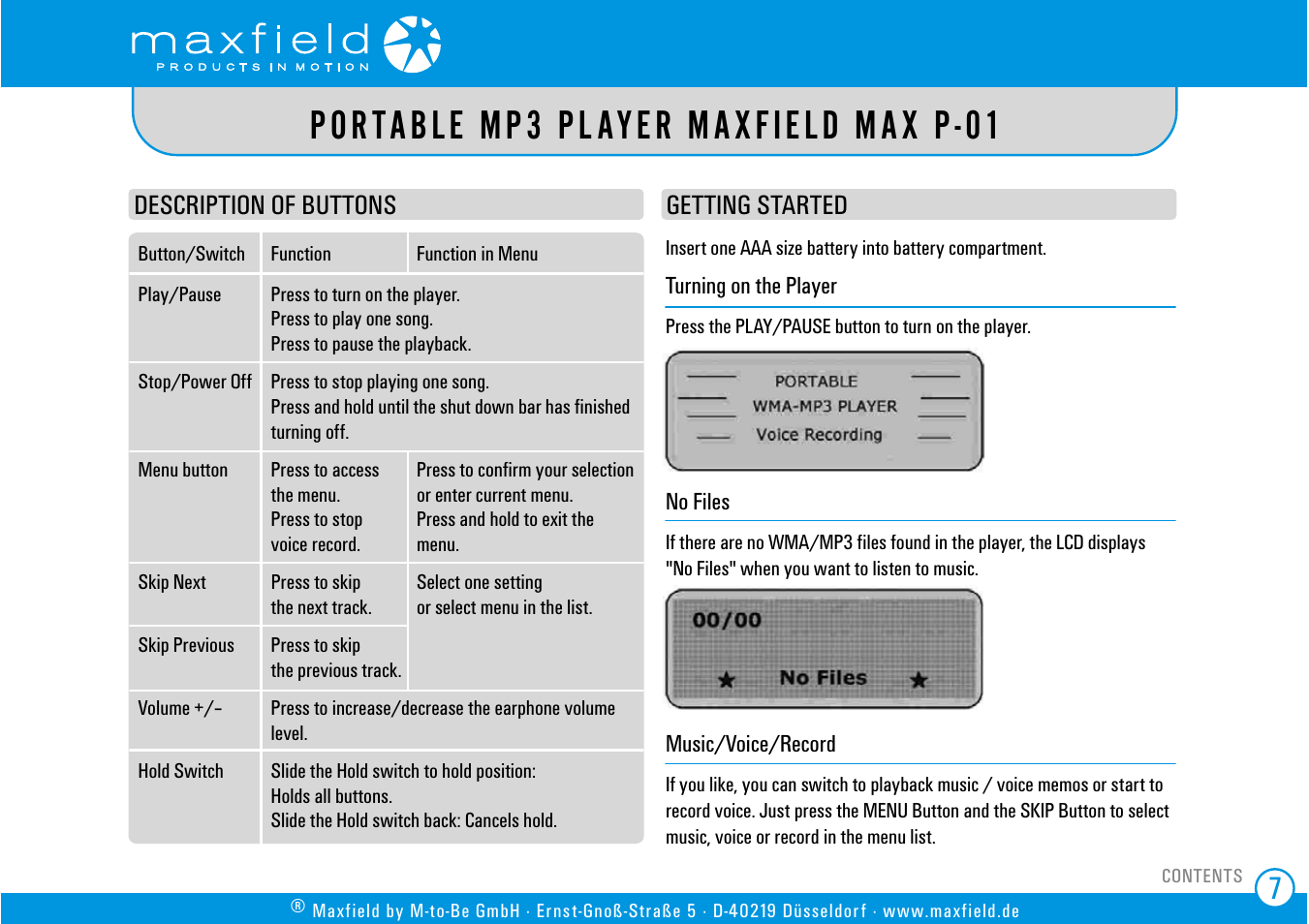 Description of buttons, Getting started, Portable mp3 player maxfield max p-01 | SIGMA MAX P-01 User Manual | Page 7 / 21