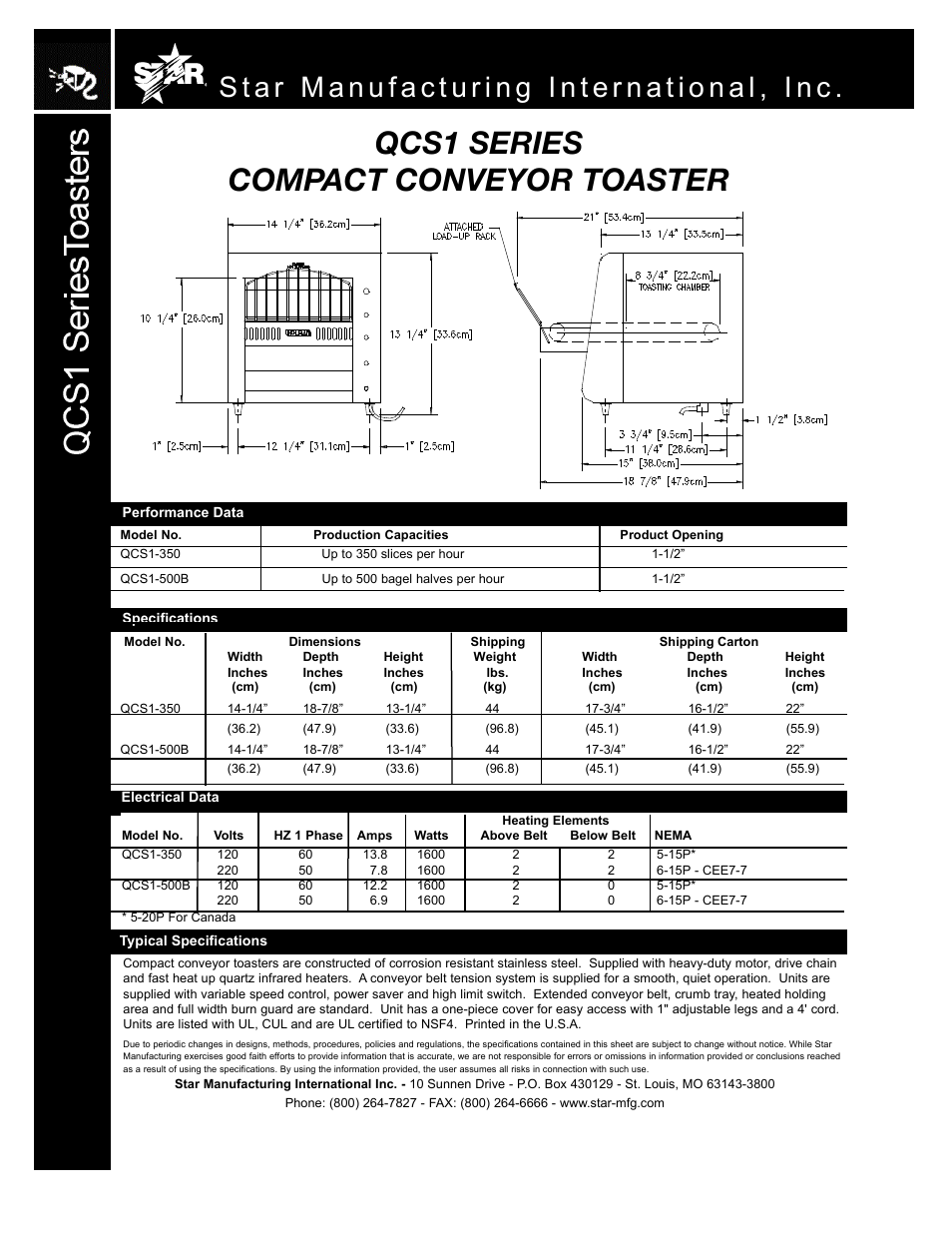 Qcs1 series compact conveyor toaster | Star Manufacturing QCS1-500B User Manual | Page 2 / 2