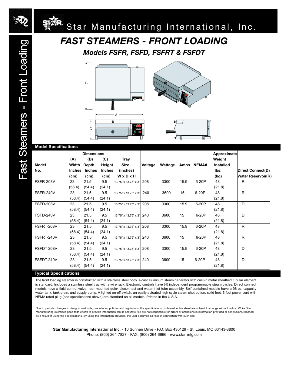 Fast steamers - front loading, Models fsfr, fsfd, fsfrt & fsfdt | Star Manufacturing FSFD User Manual | Page 2 / 2