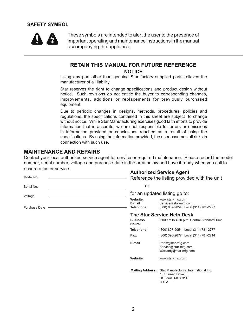 Retain this manual for future reference, Maintenance and repairs, Notice | Safety symbol | Star Manufacturing PRO-MAX GR14 User Manual | Page 2 / 20