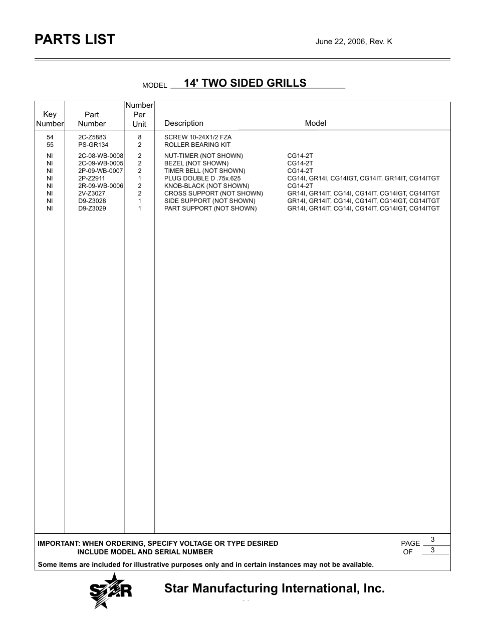 Parts list, Star manufacturing international, inc, 14' two sided grills | Star Manufacturing PRO-MAX GR14 User Manual | Page 20 / 20
