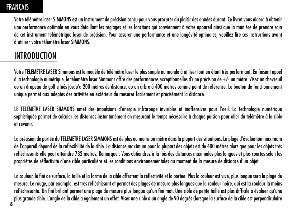 Introduction, Français | Simmons Optics LRF 400 801400 User Manual | Page 10 / 40
