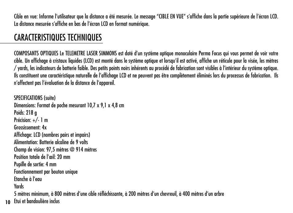 Caracteristiques techniques | Simmons Optics LRF 400 801400 User Manual | Page 12 / 40