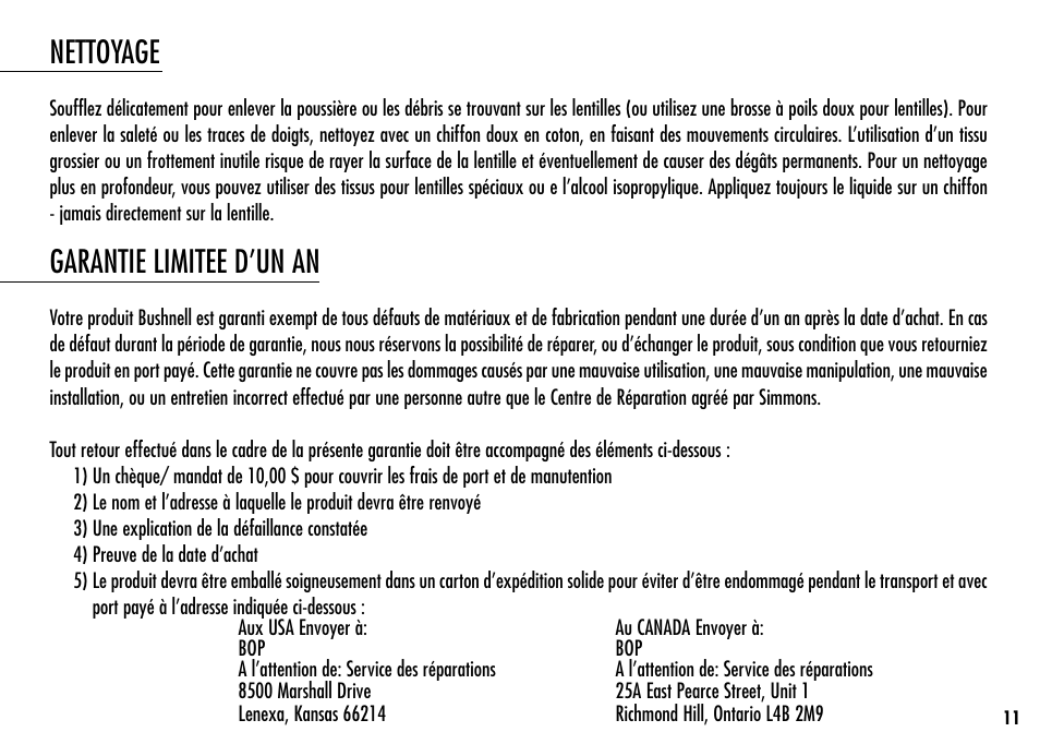 Nettoyage, Garantie limitee d’un an | Simmons Optics LRF 400 801400 User Manual | Page 13 / 40