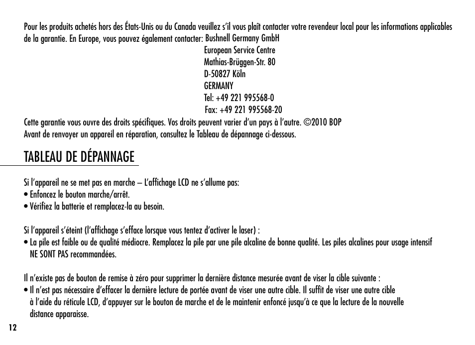 Tableau de dépannage | Simmons Optics LRF 400 801400 User Manual | Page 14 / 40