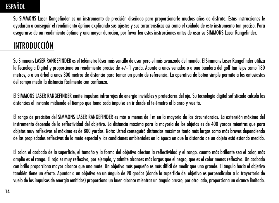 Introducción, Español | Simmons Optics LRF 400 801400 User Manual | Page 16 / 40