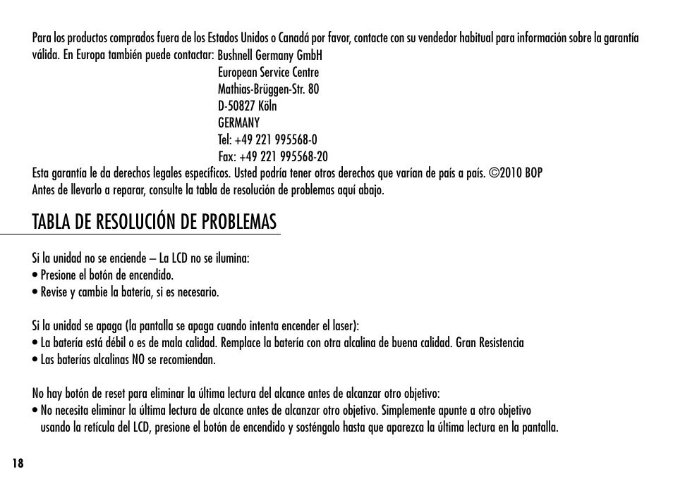 Tabla de resolución de problemas | Simmons Optics LRF 400 801400 User Manual | Page 20 / 40