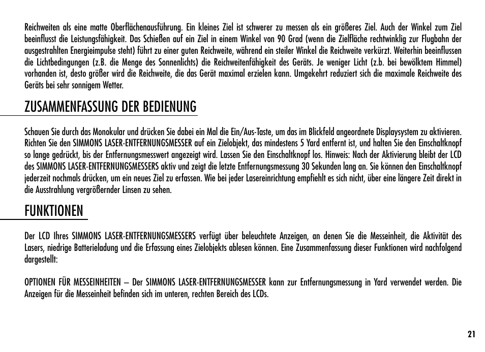 Zusammenfassung der bedienung, Funktionen | Simmons Optics LRF 400 801400 User Manual | Page 23 / 40