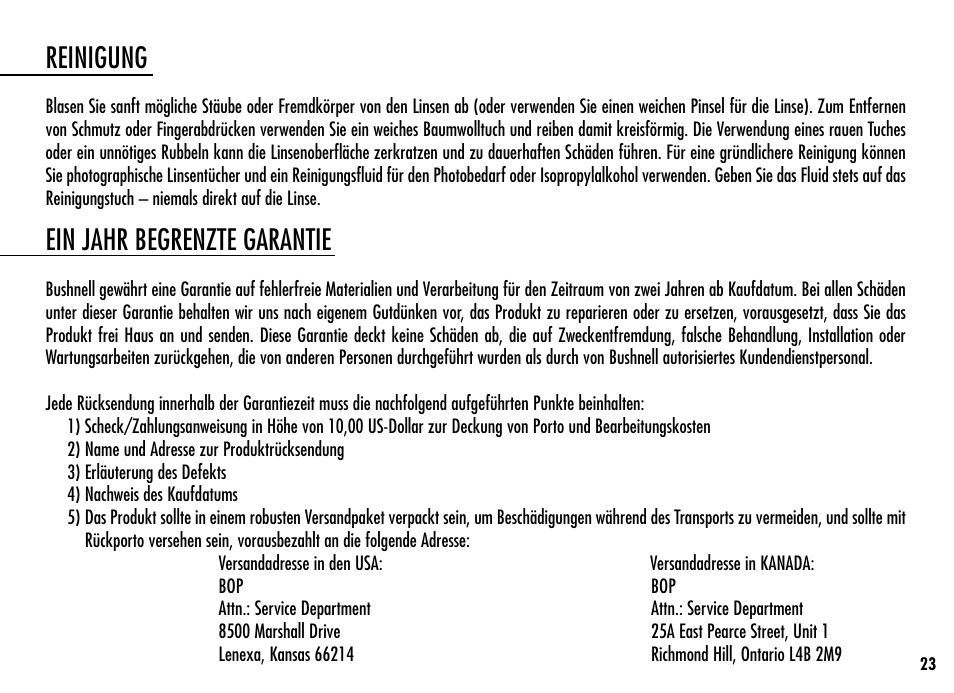 Reinigung, Ein jahr begrenzte garantie | Simmons Optics LRF 400 801400 User Manual | Page 25 / 40