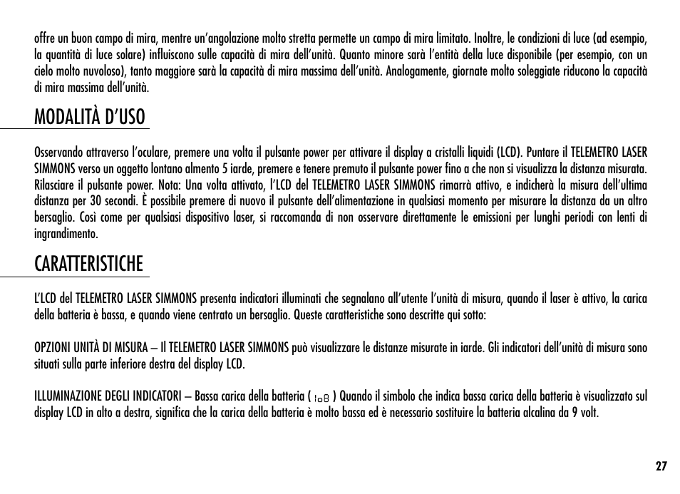 Modalità d’uso, Caratteristiche | Simmons Optics LRF 400 801400 User Manual | Page 29 / 40