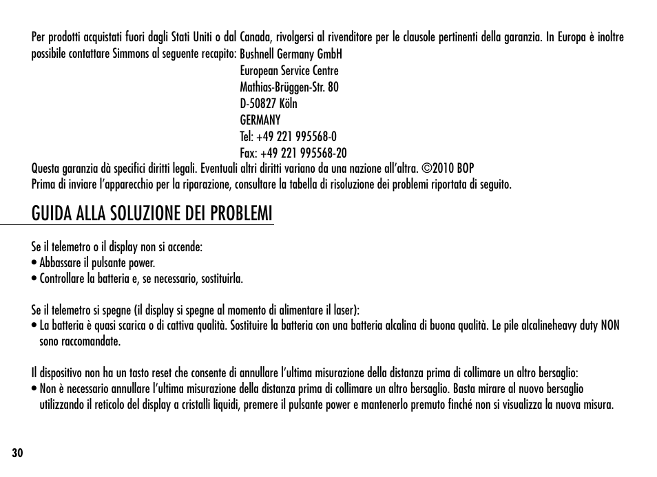 Guida alla soluzione dei problemi | Simmons Optics LRF 400 801400 User Manual | Page 32 / 40