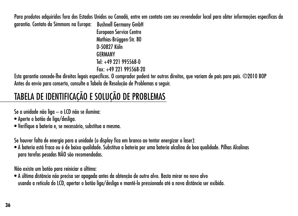 Tabela de identificação e solução de problemas | Simmons Optics LRF 400 801400 User Manual | Page 38 / 40