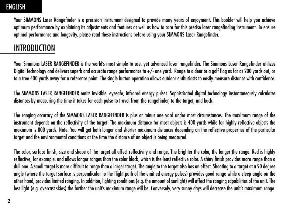 Introduction, English | Simmons Optics LRF 400 801400 User Manual | Page 4 / 40
