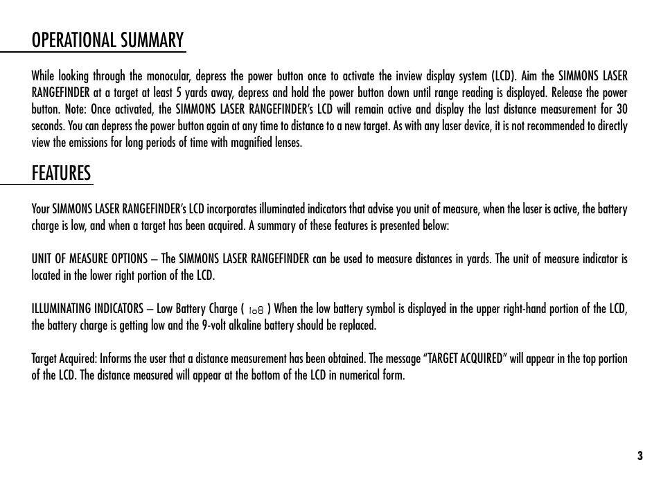 Operational summary, Features | Simmons Optics LRF 400 801400 User Manual | Page 5 / 40