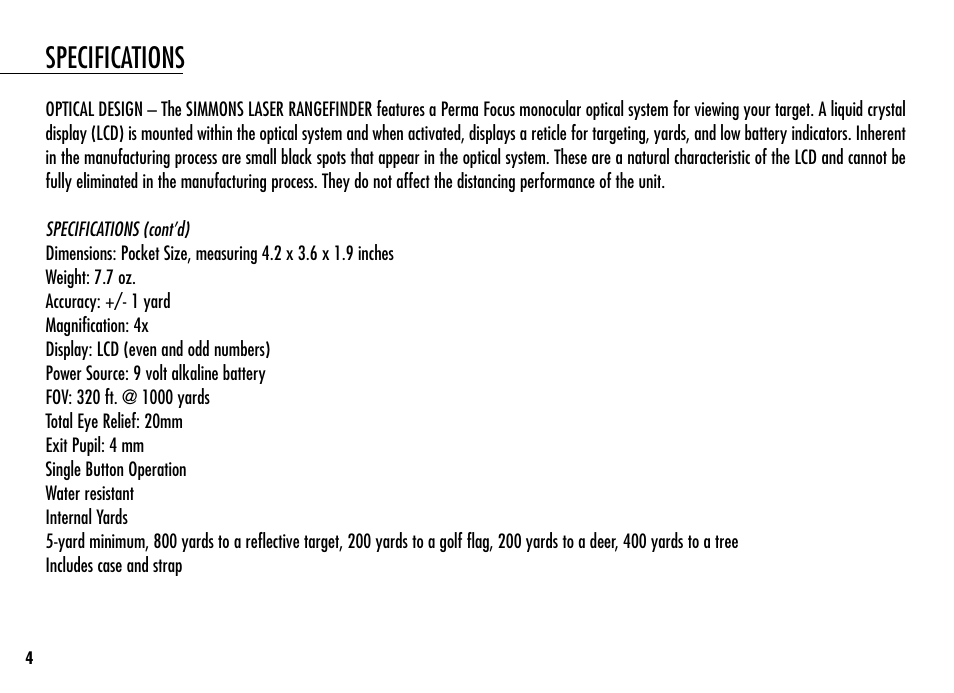 Specifications | Simmons Optics LRF 400 801400 User Manual | Page 6 / 40