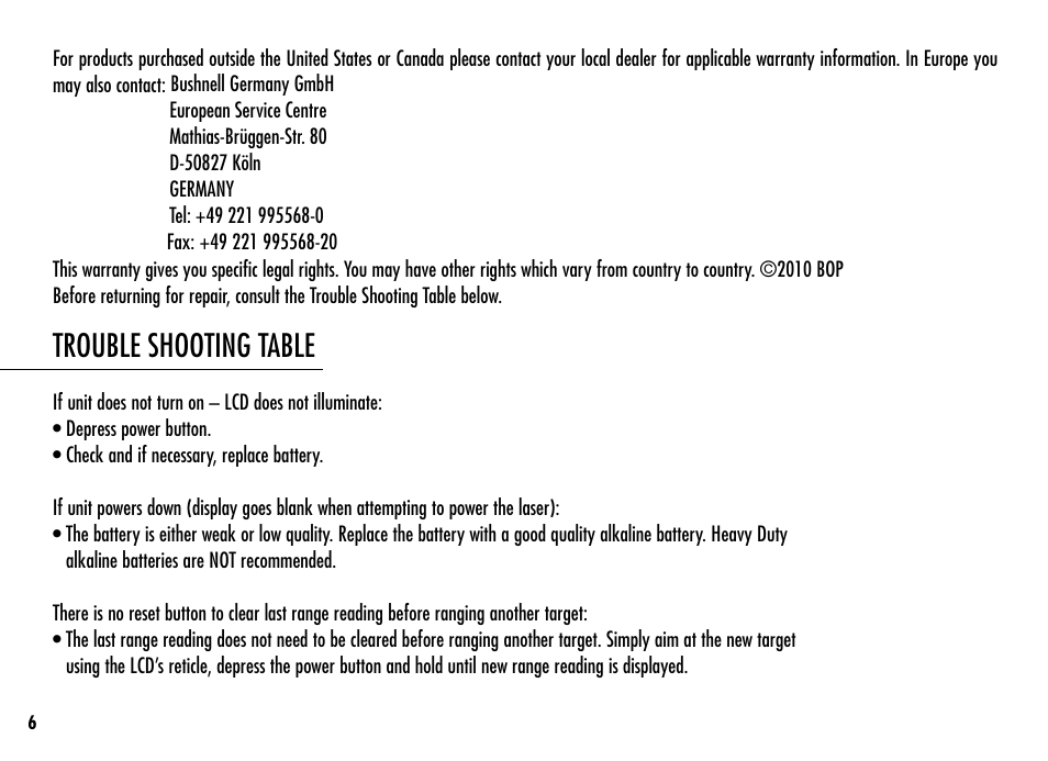 Trouble shooting table | Simmons Optics LRF 400 801400 User Manual | Page 8 / 40