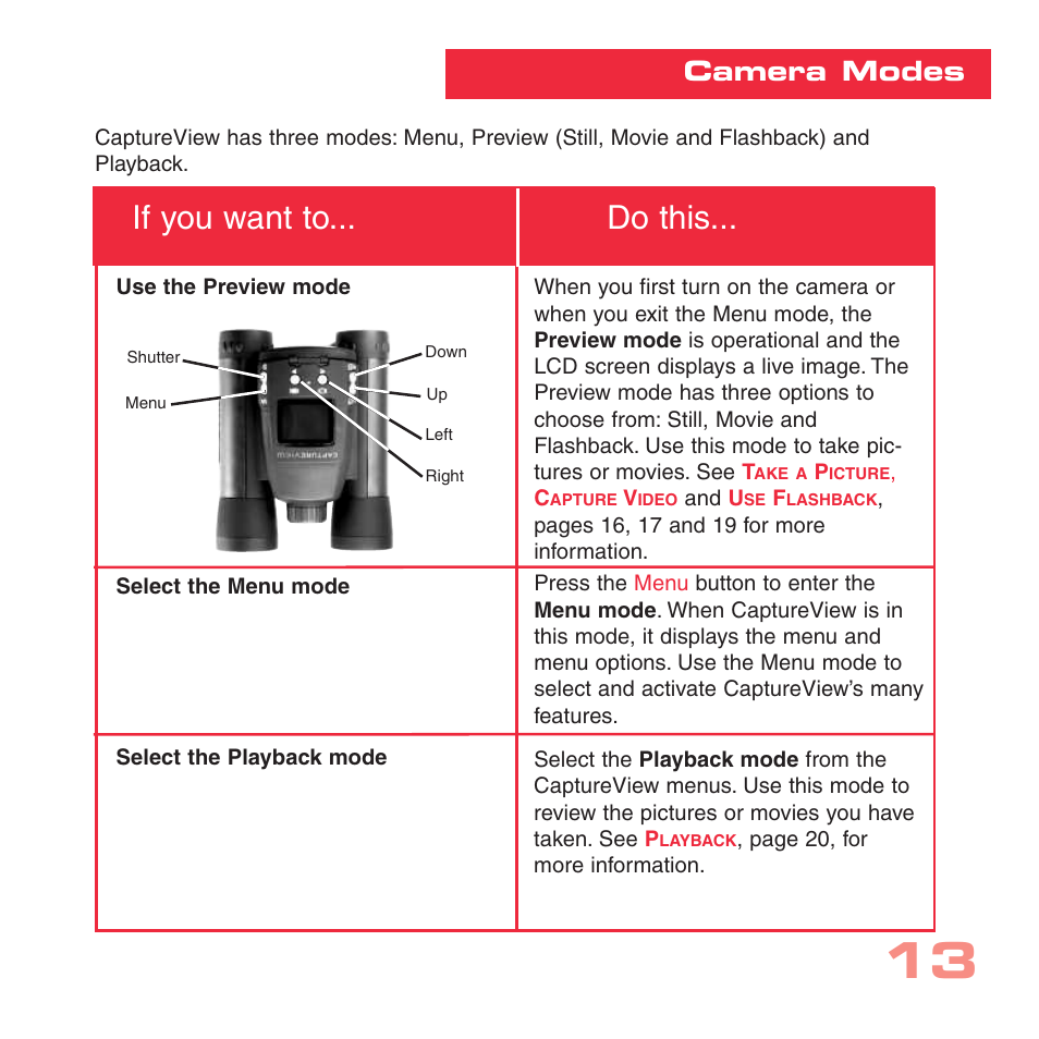 If you want to... do this, Camera modes | Simmons Optics CV-4 User Manual | Page 13 / 36