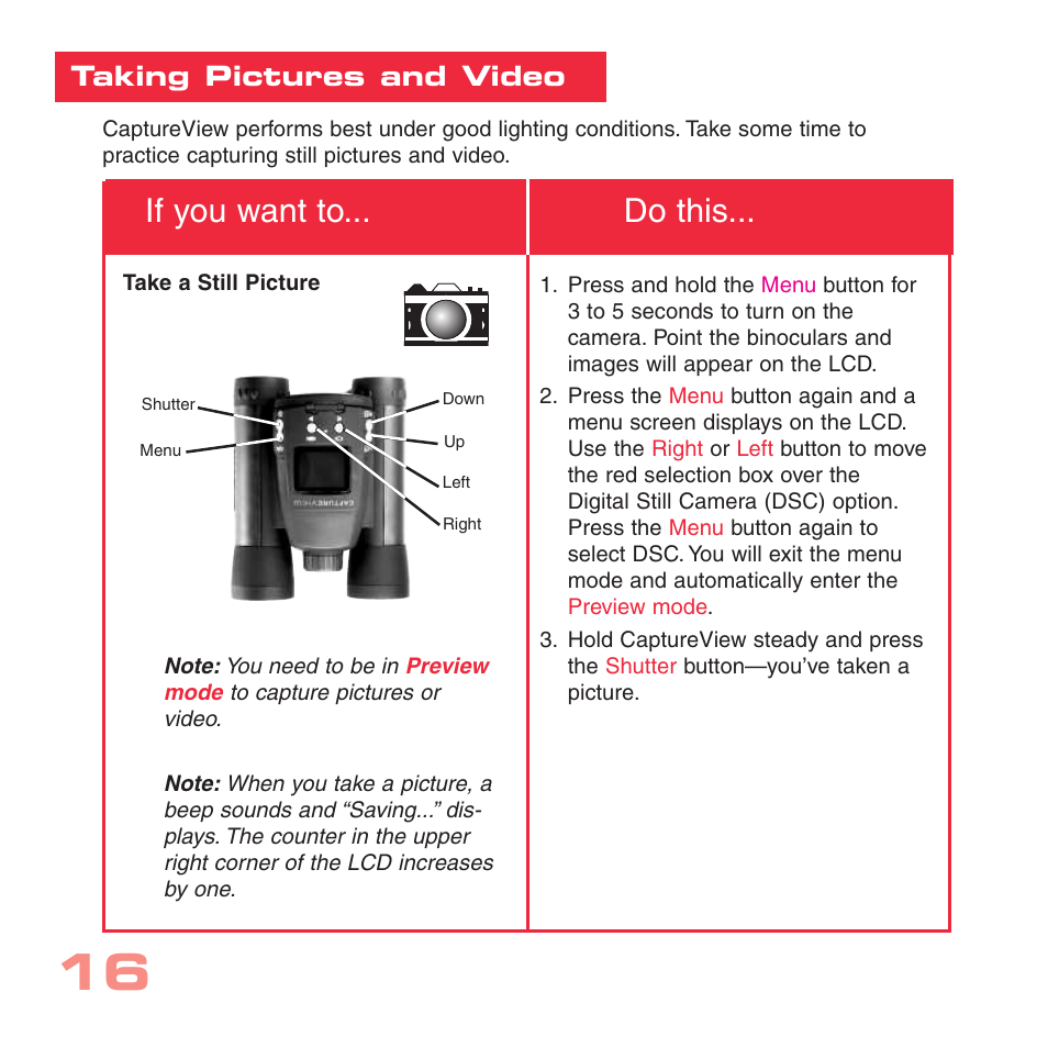 If you want to... do this, Taking pictures and video | Simmons Optics CV-4 User Manual | Page 16 / 36