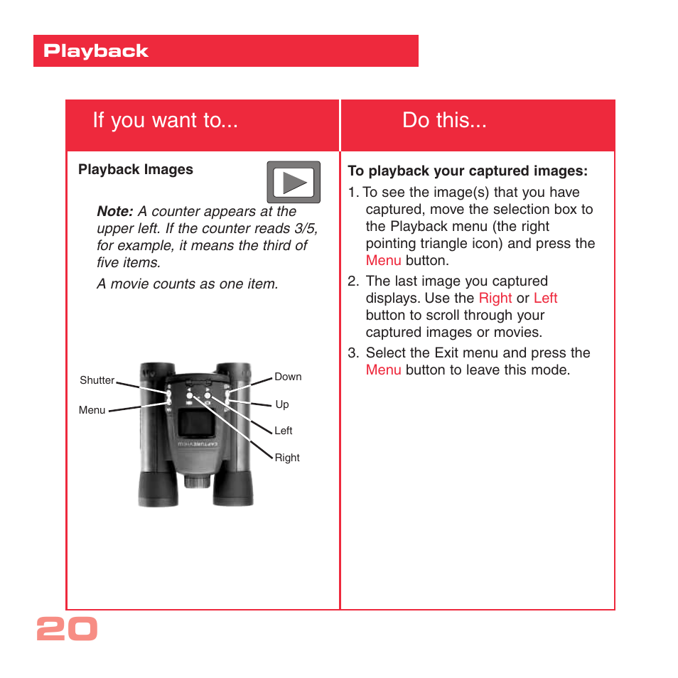 If you want to... do this, Playback | Simmons Optics CV-4 User Manual | Page 20 / 36