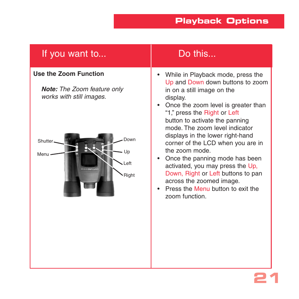If you want to... do this, Playback options | Simmons Optics CV-4 User Manual | Page 21 / 36