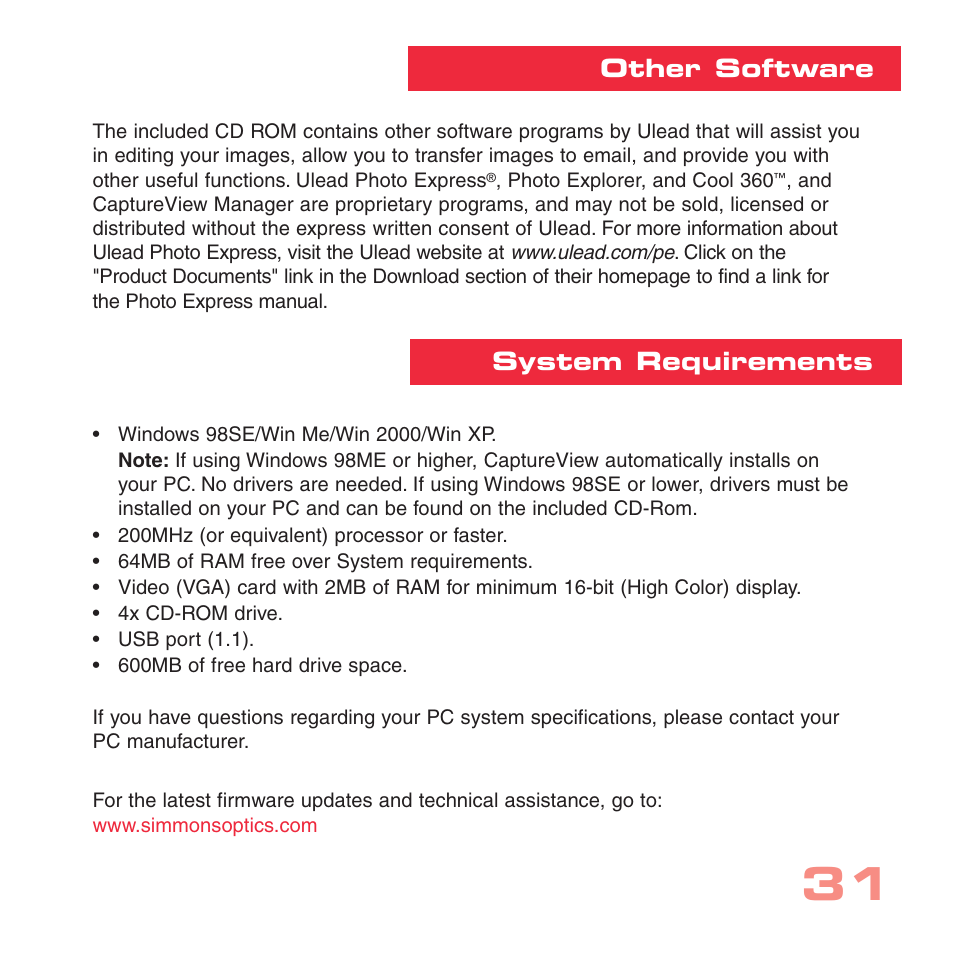 Other software system requirements | Simmons Optics CV-4 User Manual | Page 31 / 36
