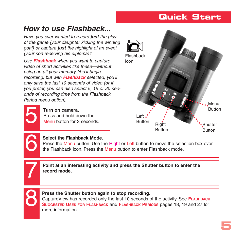 Quick start, How to use flashback | Simmons Optics CV-4 User Manual | Page 5 / 36
