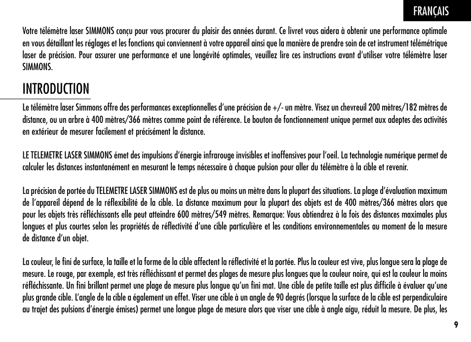 Introduction, Français | Simmons Optics Simmons LRF 600 User Manual | Page 11 / 44