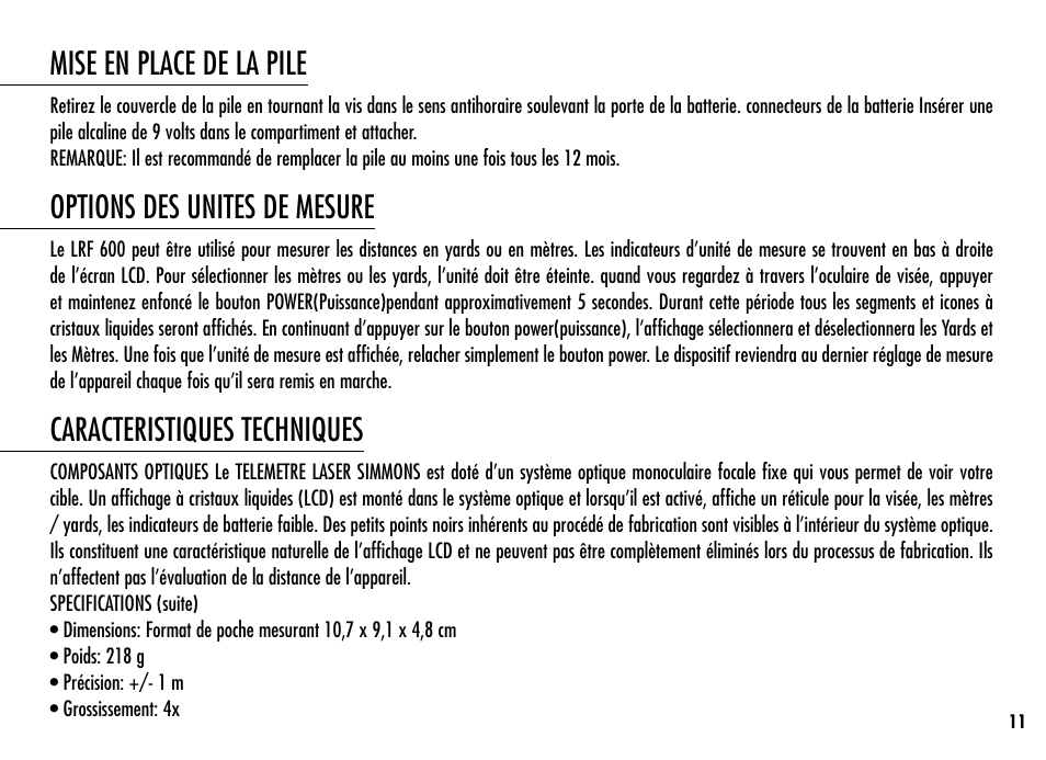 Mise en place de la pile, Options des unites de mesure, Caracteristiques techniques | Simmons Optics Simmons LRF 600 User Manual | Page 13 / 44