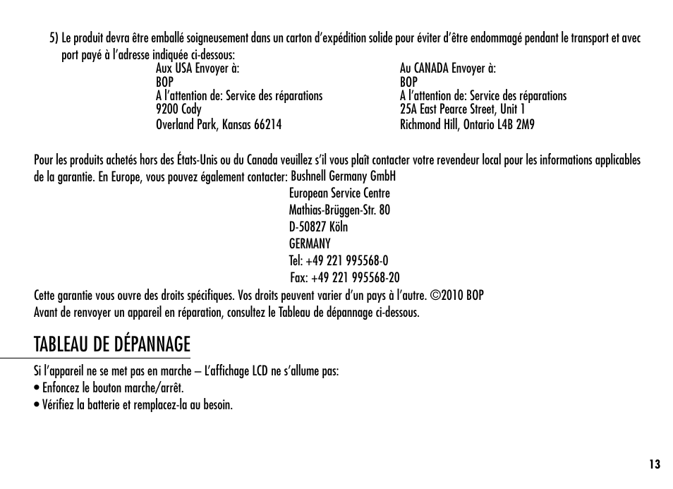 Tableau de dépannage | Simmons Optics Simmons LRF 600 User Manual | Page 15 / 44
