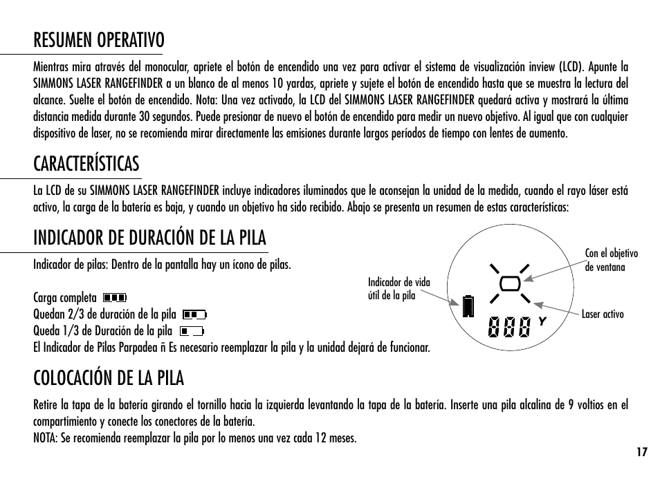 Resumen operativo, Características, Indicador de duración de la pila | Colocación de la pila | Simmons Optics Simmons LRF 600 User Manual | Page 19 / 44