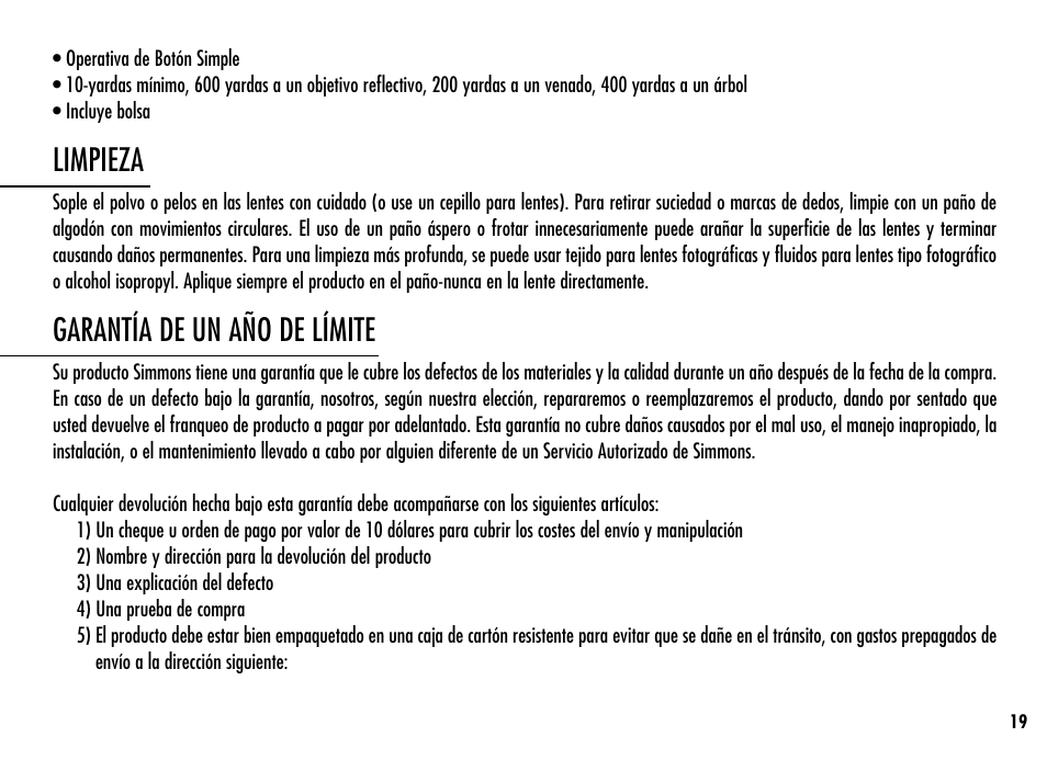 Limpieza, Garantía de un año de límite | Simmons Optics Simmons LRF 600 User Manual | Page 21 / 44