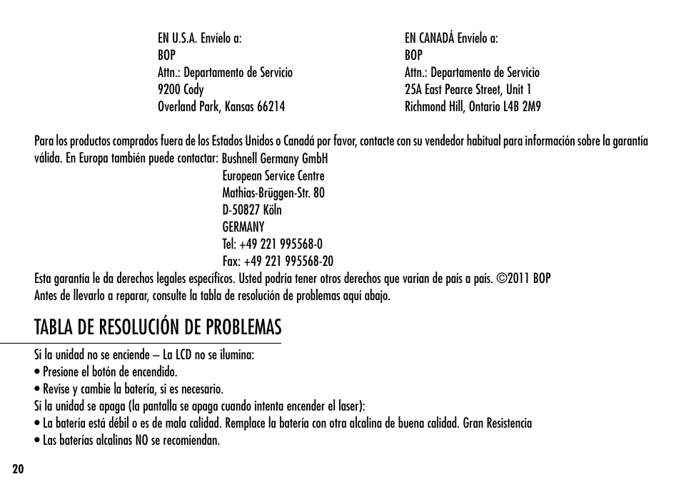 Tabla de resolución de problemas | Simmons Optics Simmons LRF 600 User Manual | Page 22 / 44