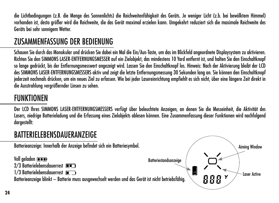 Zusammenfassung der bedienung, Funktionen, Batterielebensdaueranzeige | Simmons Optics Simmons LRF 600 User Manual | Page 26 / 44
