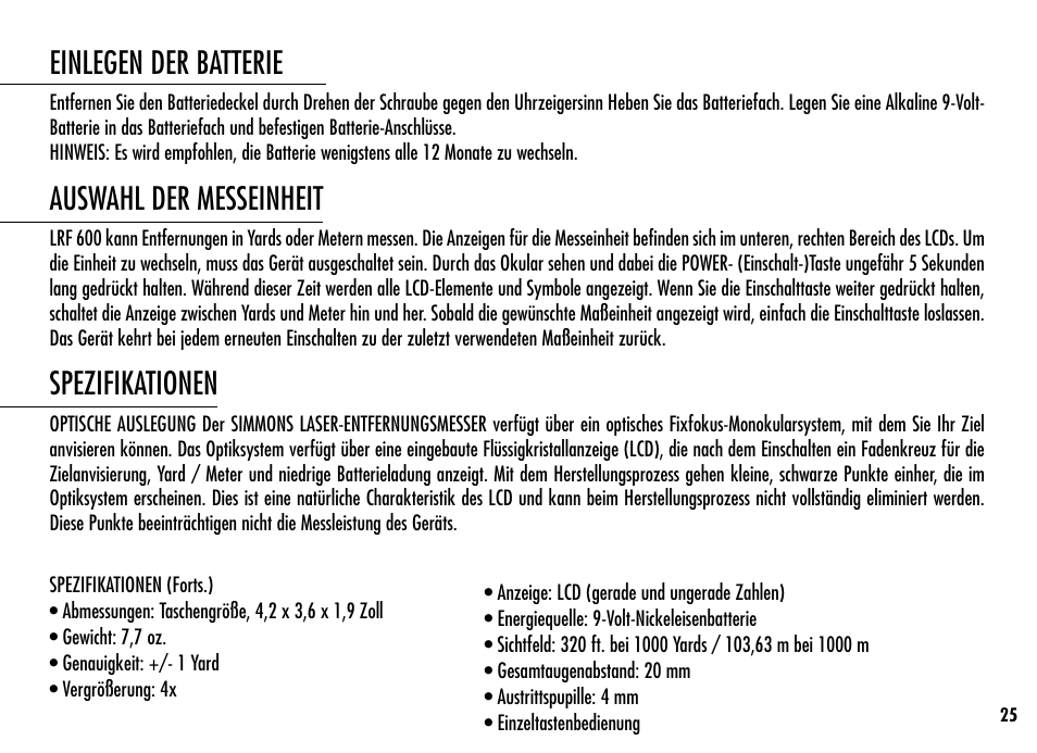 Einlegen der batterie, Auswahl der messeinheit, Spezifikationen | Simmons Optics Simmons LRF 600 User Manual | Page 27 / 44