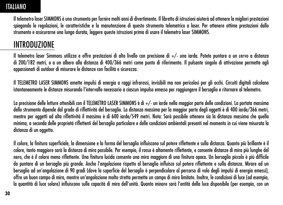 Introduzione, Italiano | Simmons Optics Simmons LRF 600 User Manual | Page 32 / 44