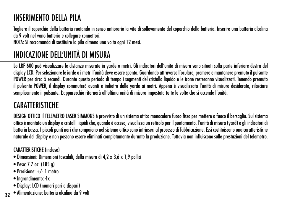 Inserimento della pila, Indicazione dell’unità di misura, Caratteristiche | Simmons Optics Simmons LRF 600 User Manual | Page 34 / 44